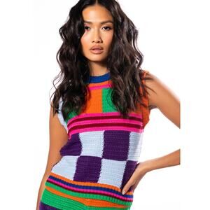 Akira HAPPINESS OVERLOAD CROCHET TOP sz M rainbow granny retro sweater vest